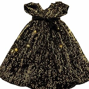Grace Karin Girls Black Gold Sequin Dress Velvet Bow Party Size TY